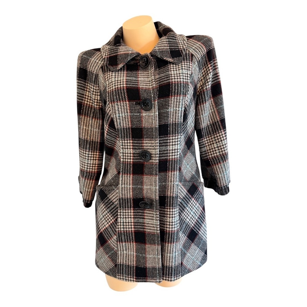 Guess Jeans Plaid Wool Blend Coat Womens L Black White Red Preppy Academia - Picture 13 of 16